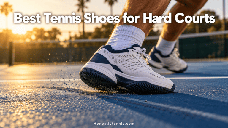 Tennis shoe stopping hard on a blue hard court with skid mark — best tennis shoes for hard courts guide