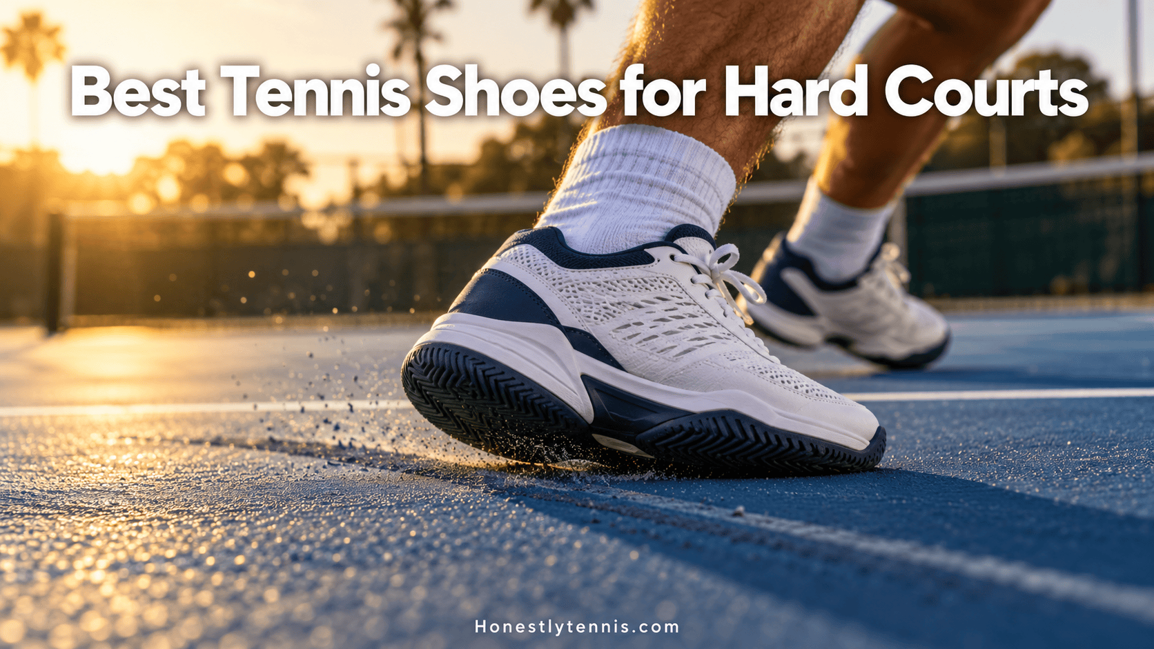 Tennis shoe stopping hard on a blue hard court with skid mark — best tennis shoes for hard courts guide