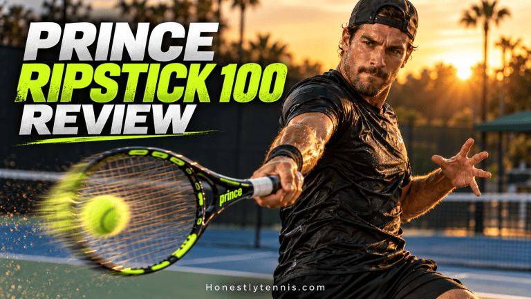 Male tennis player hitting a heavy topspin forehand with the Prince Ripstick 100 tennis racket on a hard court.