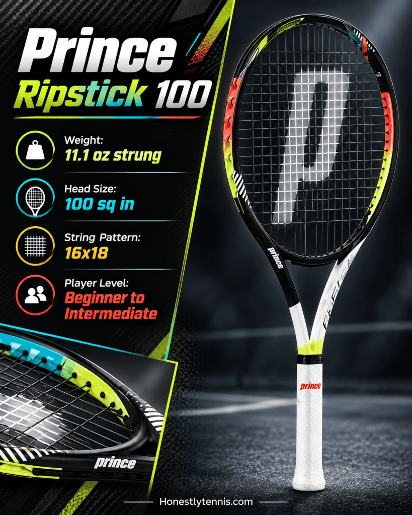 Prince Ripstick 100 tennis racquet with black and bright green frame showing specifications
