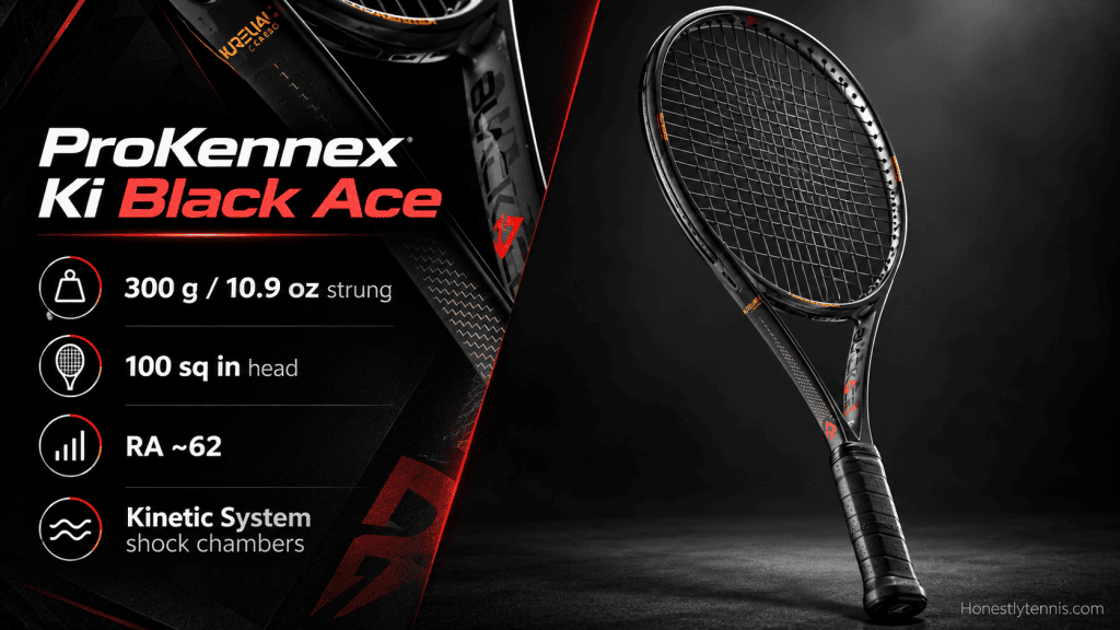 ProKennex Ki Black Ace black racket with Kinetic System shock chambers — best racket for tennis elbow injury recovery

