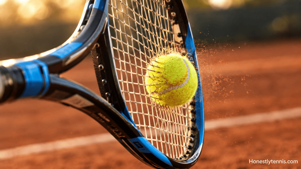 Close up of a tennis racket bending upon impact with a yellow tennis ball showcasing frame flexibility.