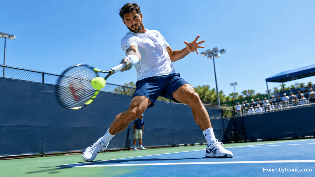 A tennis player hitting an aggressive topspin forehand from the baseline.