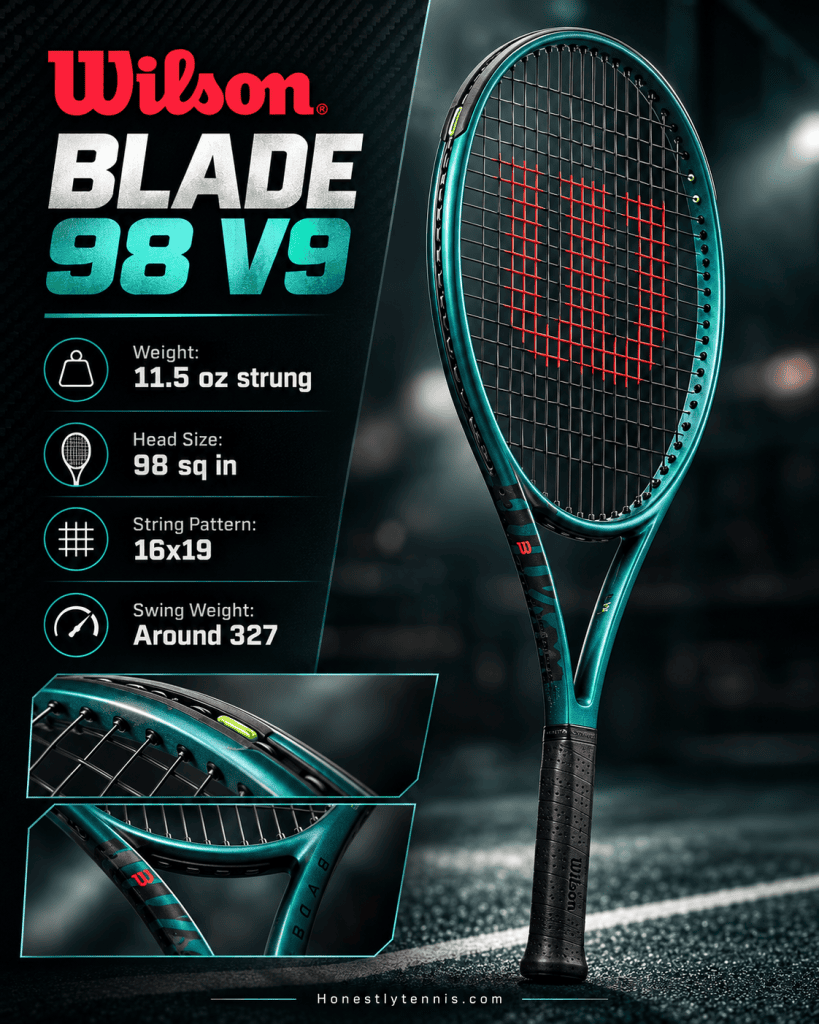 Wilson Blade 98 V9 tennis racquet with emerald green and black frame showing control specifications