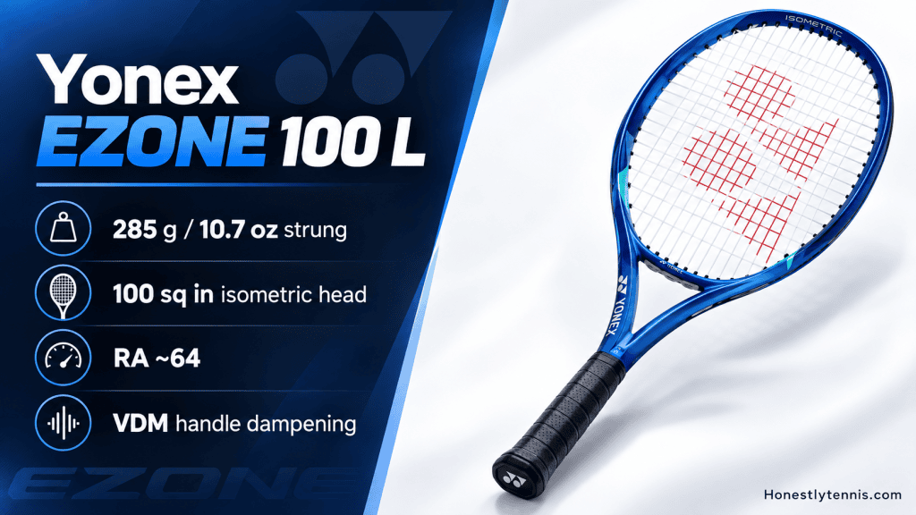 Yonex EZONE 100 L deep blue racket with vibration dampening mesh handle — comfortable tennis racket for older players with joint pain

