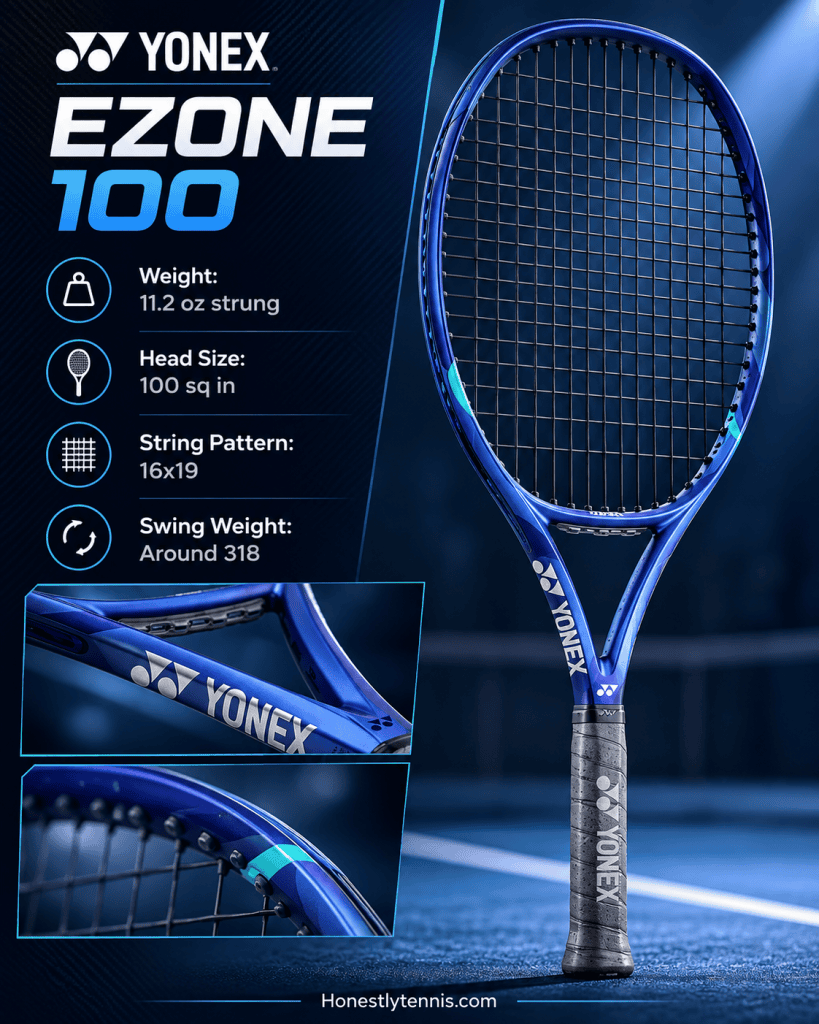 Yonex EZONE 100 tennis racquet with blue frame and specifications for intermediate players