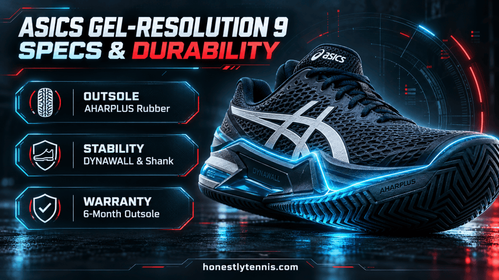 ASICS Gel-Resolution 9 hard court tennis shoe specs and durability infographic