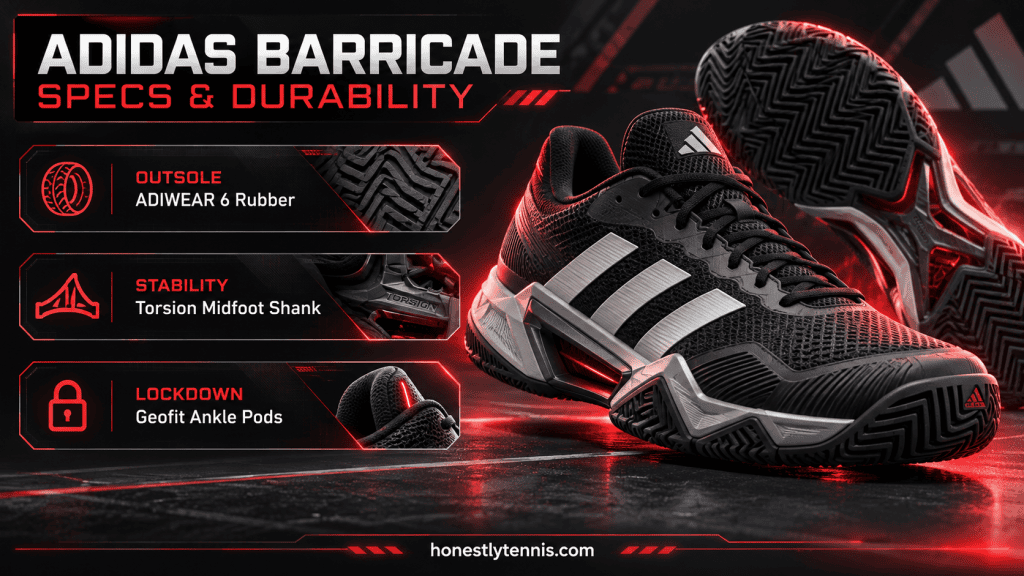 adidas Barricade ankle lockdown and outsole durability infographic