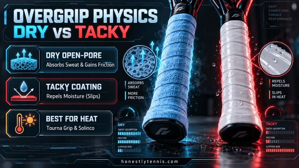 Dry vs tacky tennis overgrips physics and sweat absorption infographic