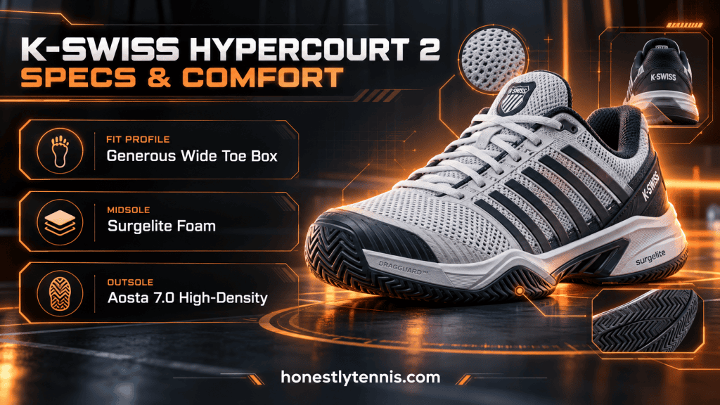 K-Swiss Hypercourt Express 2 wide fit and comfort specifications infographic