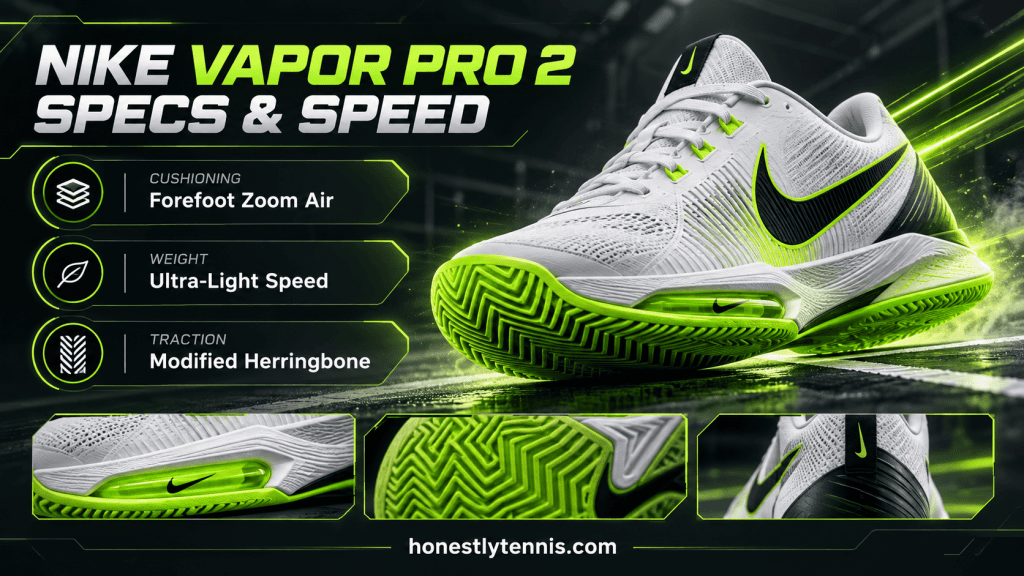 Nike Court Air Zoom Vapor Pro 2 lightweight speed tennis shoe infographic