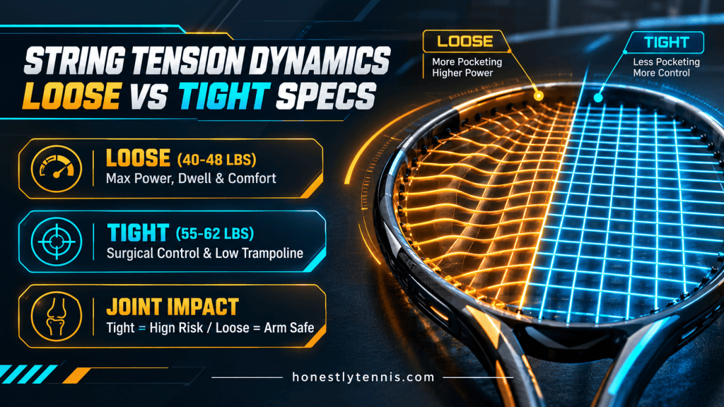 Loose vs tight tennis string tension power control and arm comfort infographic
