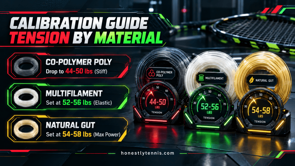 Recommended tennis string tension by string material type infographic