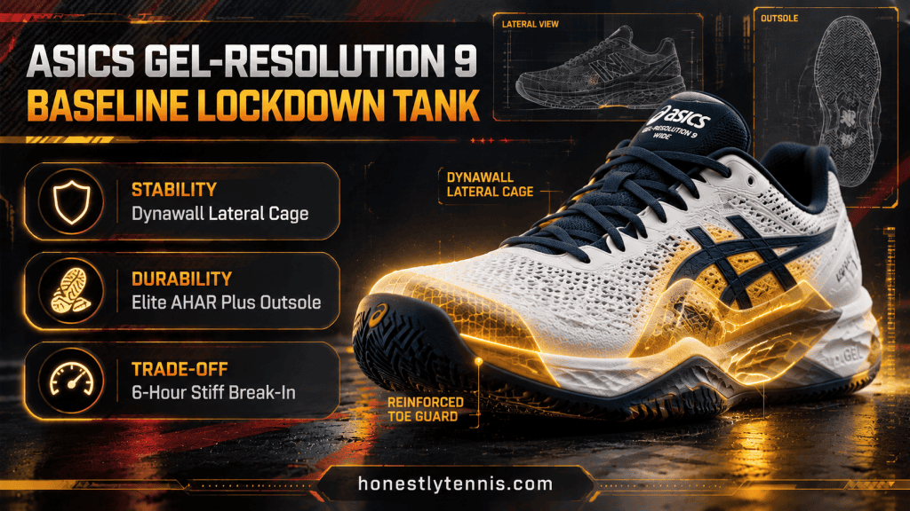 ASICS Gel-Resolution 9 2E wide stability best tennis shoes for wide feet infographic