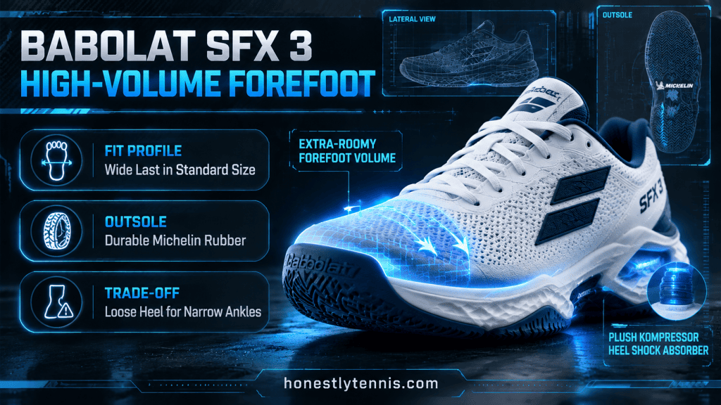 Babolat SFX 3 high volume toe box best tennis shoes for wide feet infographic