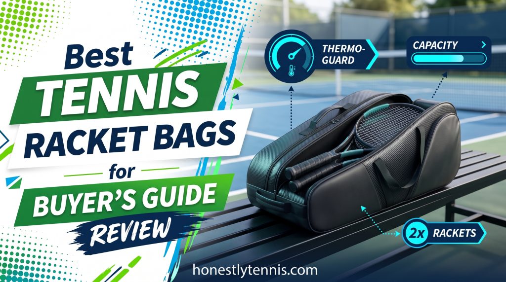 A premium tennis racket bag resting on a court bench representing the best tennis racket bag options