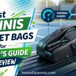 A premium tennis racket bag resting on a court bench representing the best tennis racket bag options