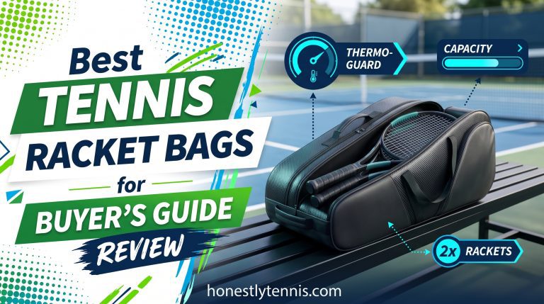 A premium tennis racket bag resting on a court bench representing the best tennis racket bag options