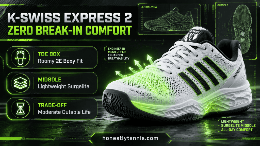 K-Swiss Hypercourt Express 2 2E wide best tennis shoes for wide feet infographic
