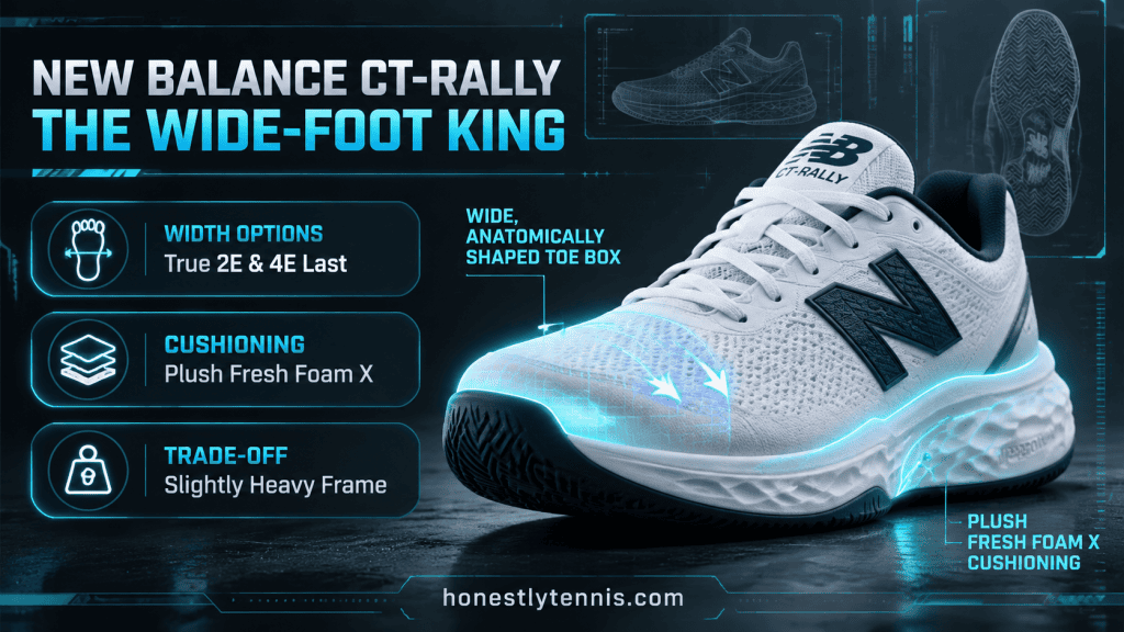 New Balance Fresh Foam X CT-Rally 2E 4E best tennis shoes for wide feet infographic