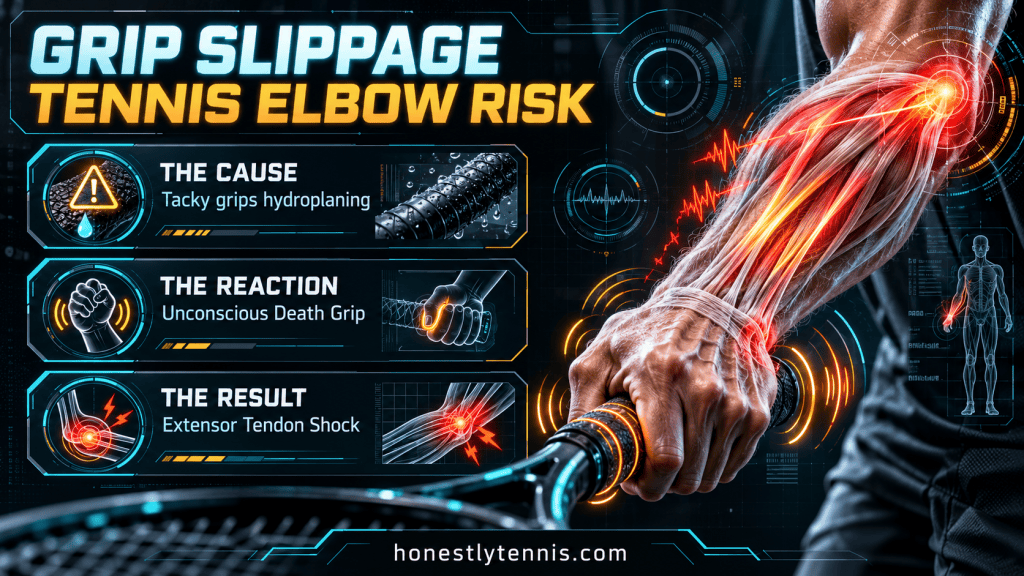 How slippery tennis grips cause tennis elbow and extensor tendon shock infographic