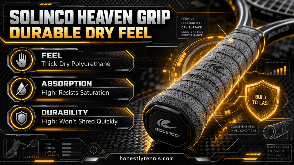 Solinco Heaven Grip durable dry feel best tennis overgrips for sweaty hands infographic