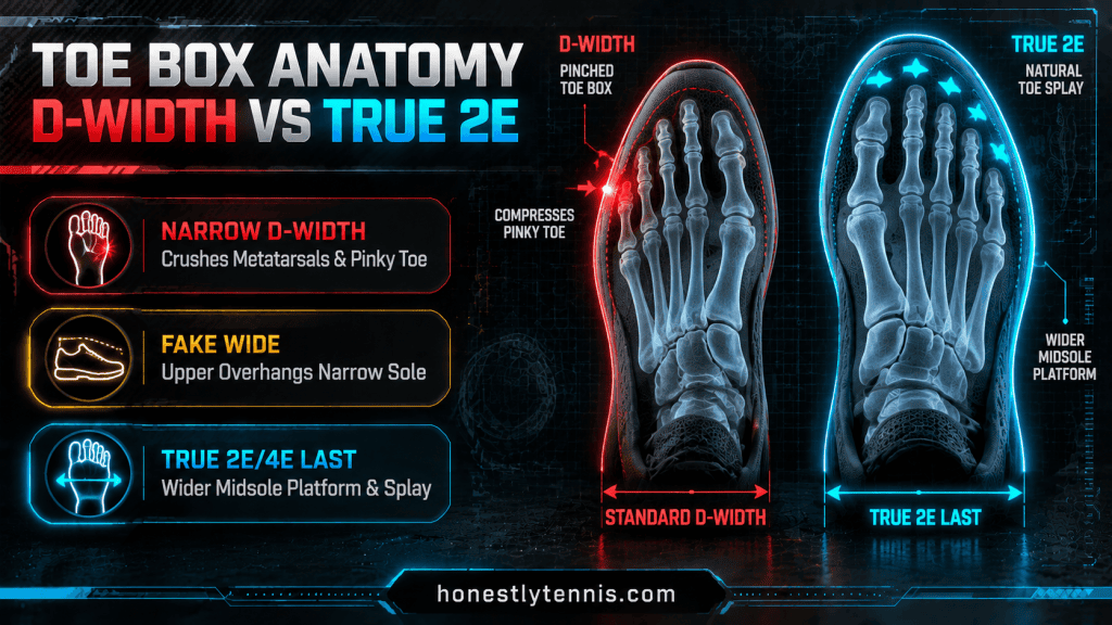 Standard D width vs true 2E wide toe box anatomy best tennis shoes for wide feet infographic