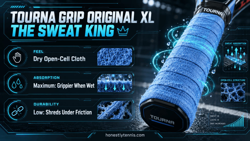 Tourna Grip Original XL dry feel best tennis overgrips for sweaty hands infographic