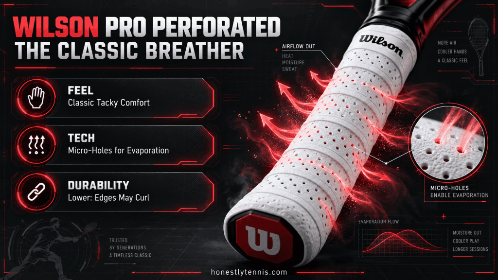 Wilson Pro Overgrip Perforated breathable best tennis overgrips for sweaty hands infographic