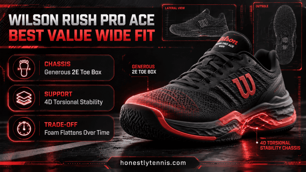 Wilson Rush Pro Ace 2E wide value best tennis shoes for wide feet infographic